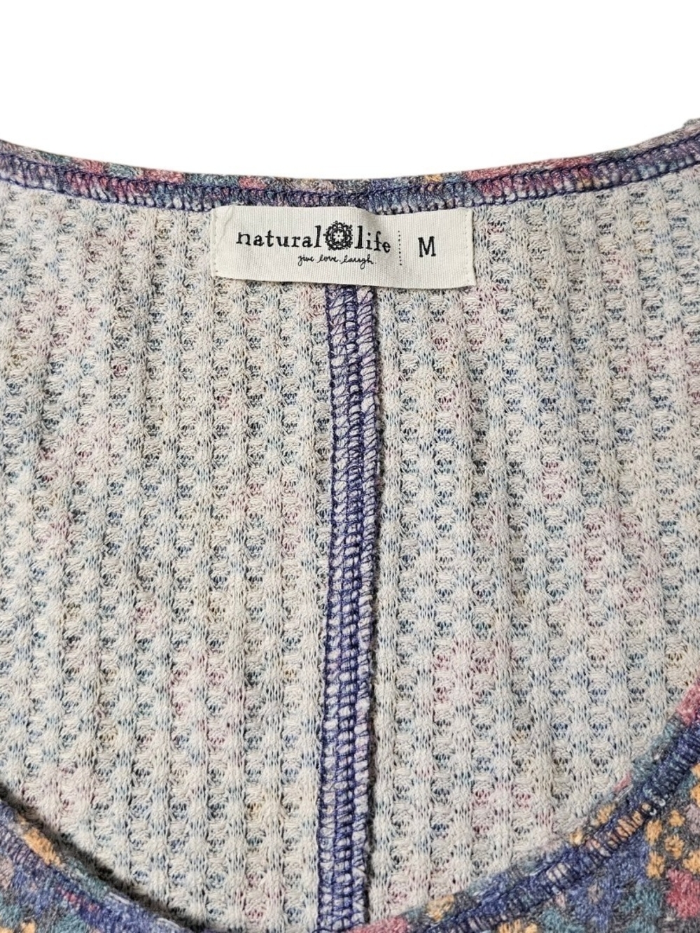 Natural Life Floral Waffle Knit Henley Top Pastel Cottagecore Boho Medium - Picture 4 of 6